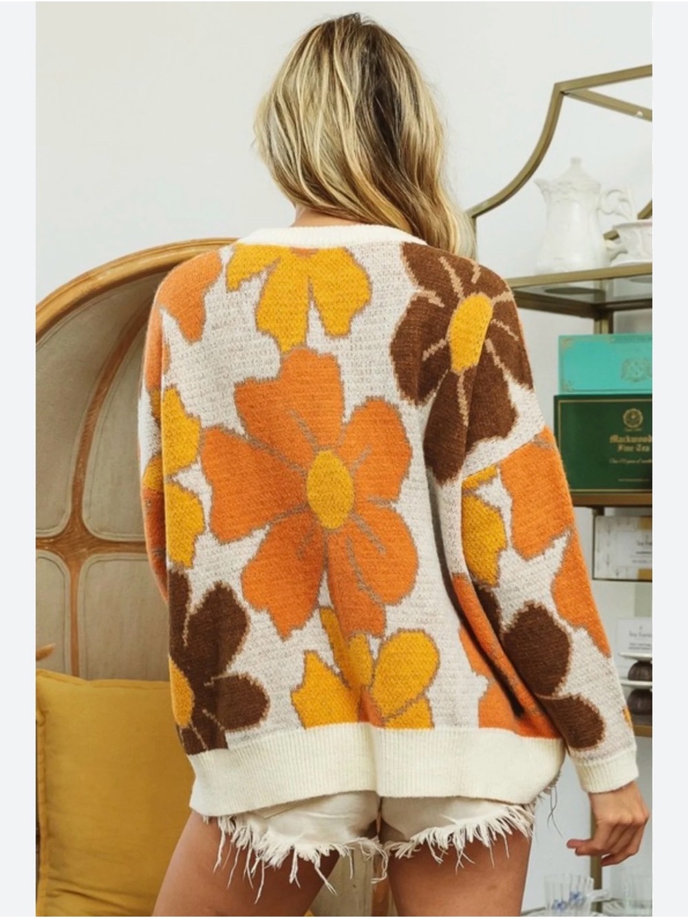 Bailey Rose Floral V Neck Cardigan Sweater in Orange, Yellow & Brown Fall